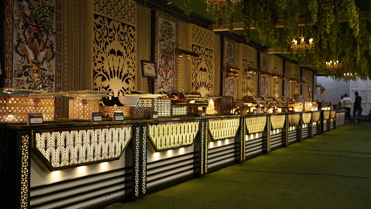 Royal gold outdoor lawn buffet at Divinity Pavilion